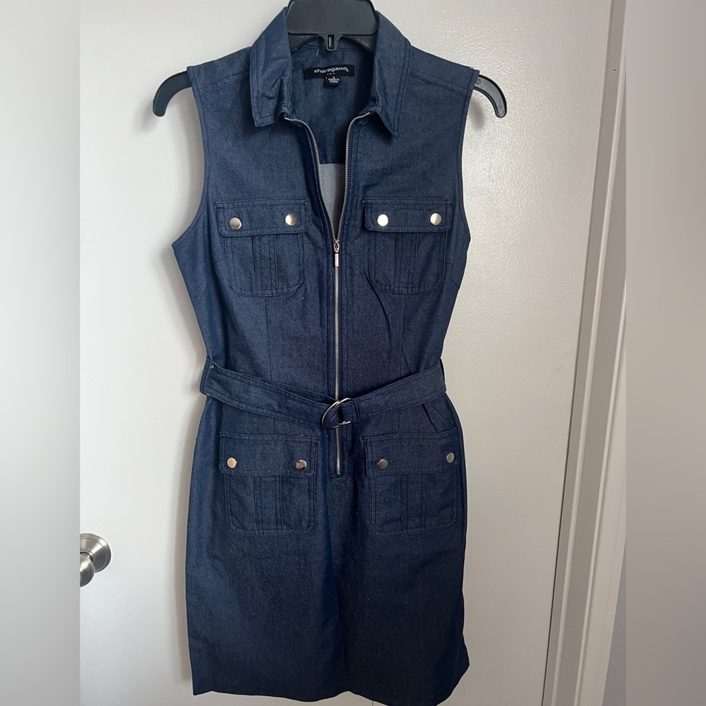 Sharagano Sleeveless Dark Blue Denim Zip-Front Dress